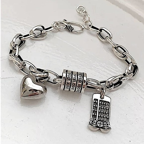 Sterling Silver Heart Live Forever Scroll Calendar Chain Link Bracelet - Picture 2 of 6